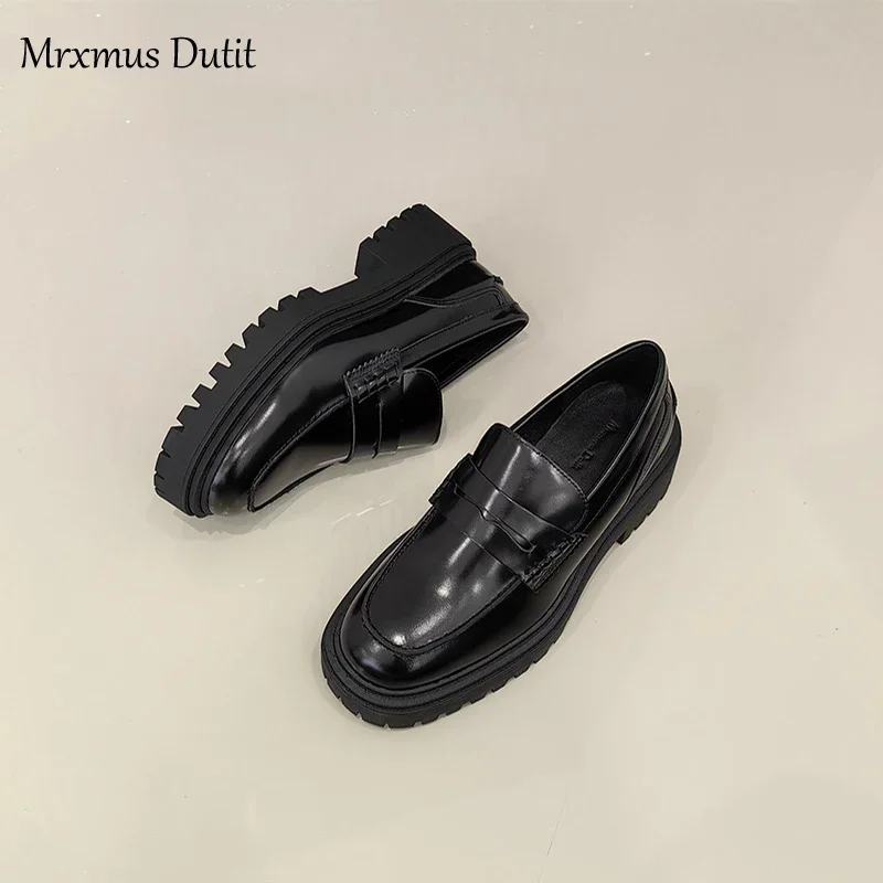 Mrxmus Dutit 2024 New Women Genuine Leather Round Head Thick Loafer Shallow Black Wild Casual Simple Slip-on Shoes Female Chic