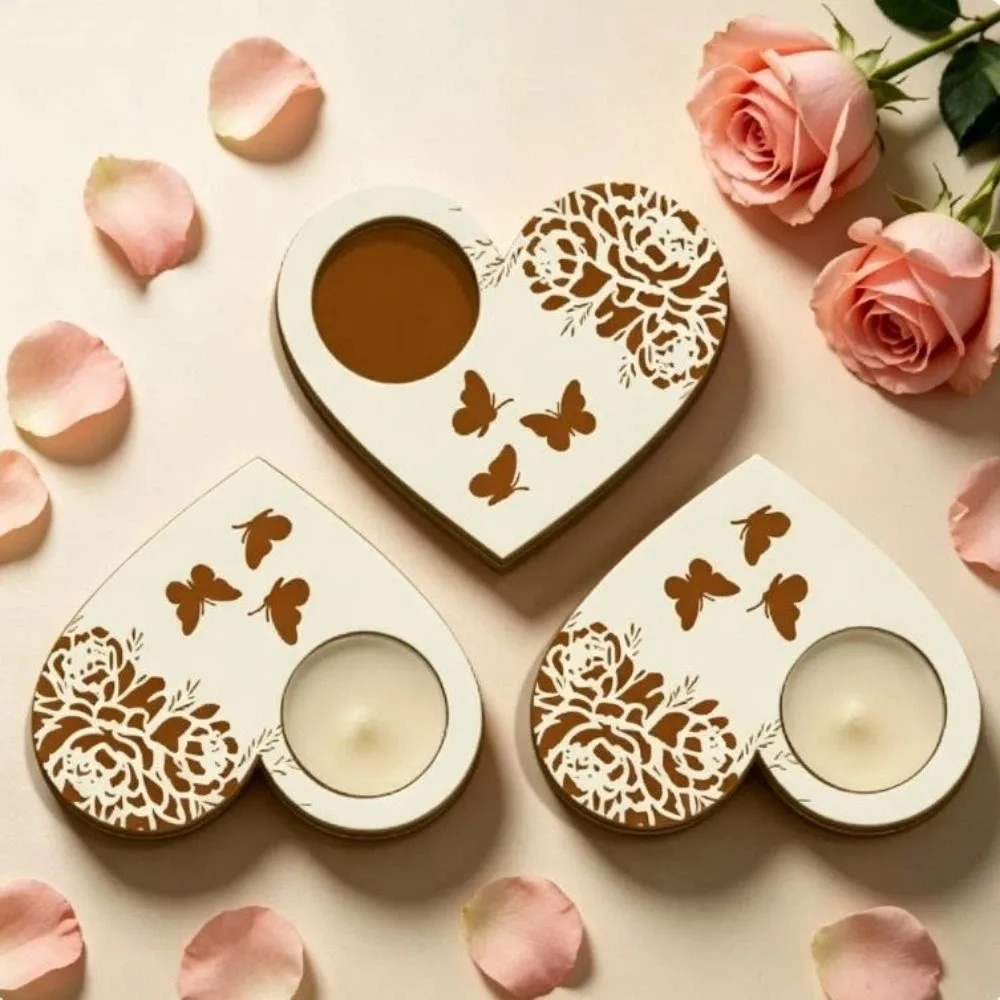 Floral Pattern Heart Shaped Candle Holder Butterfly Candlestick Wooden Candle Holder Sweet Ornament Tealight Tray Birthday