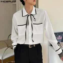 INCERUN Men Casual Shirt Patchwork Lapel Long Sleeve Korean Style Men Clothing 2023 Streetwear Lace Up Elegant Shirts S-5XL