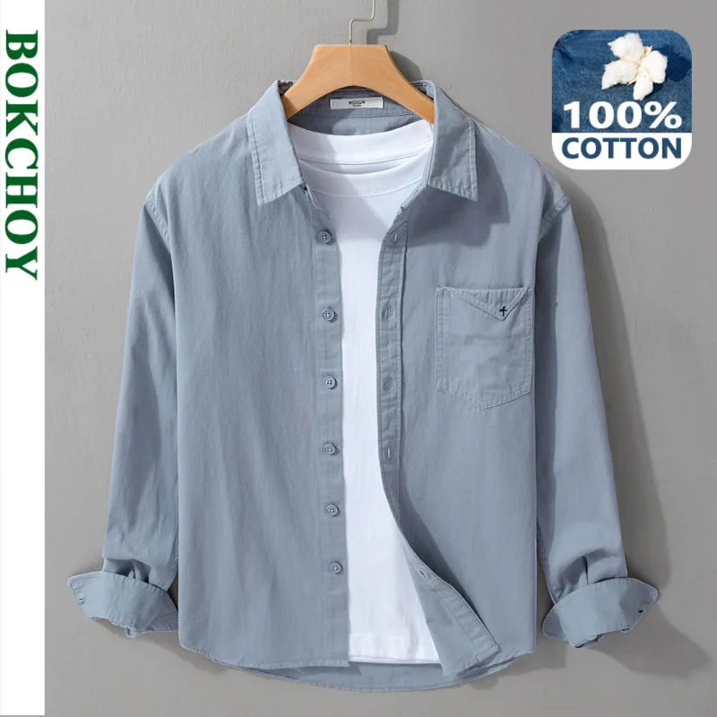 Chemises à manches longues pour hommes, 2024 coton, vêtements décontractés, confortables, doux, vintage, document solide, automne, nouveau, 100%,