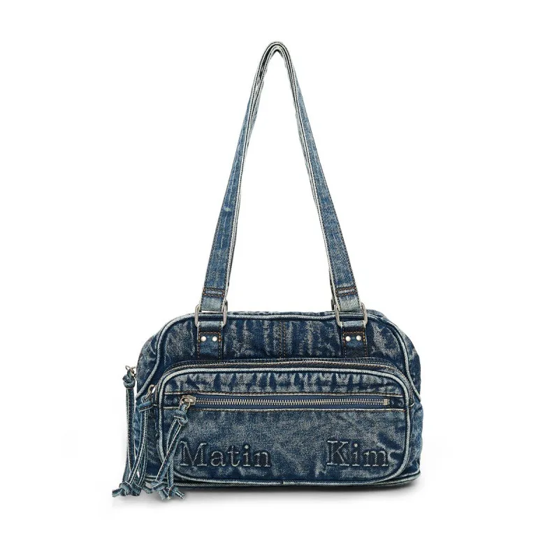 MATIN KIM Vintage Washed Denim Shoulder Bag Women Large Capacity Zipper Pocket Tote Handbag Korean Streetwear Casual Travel