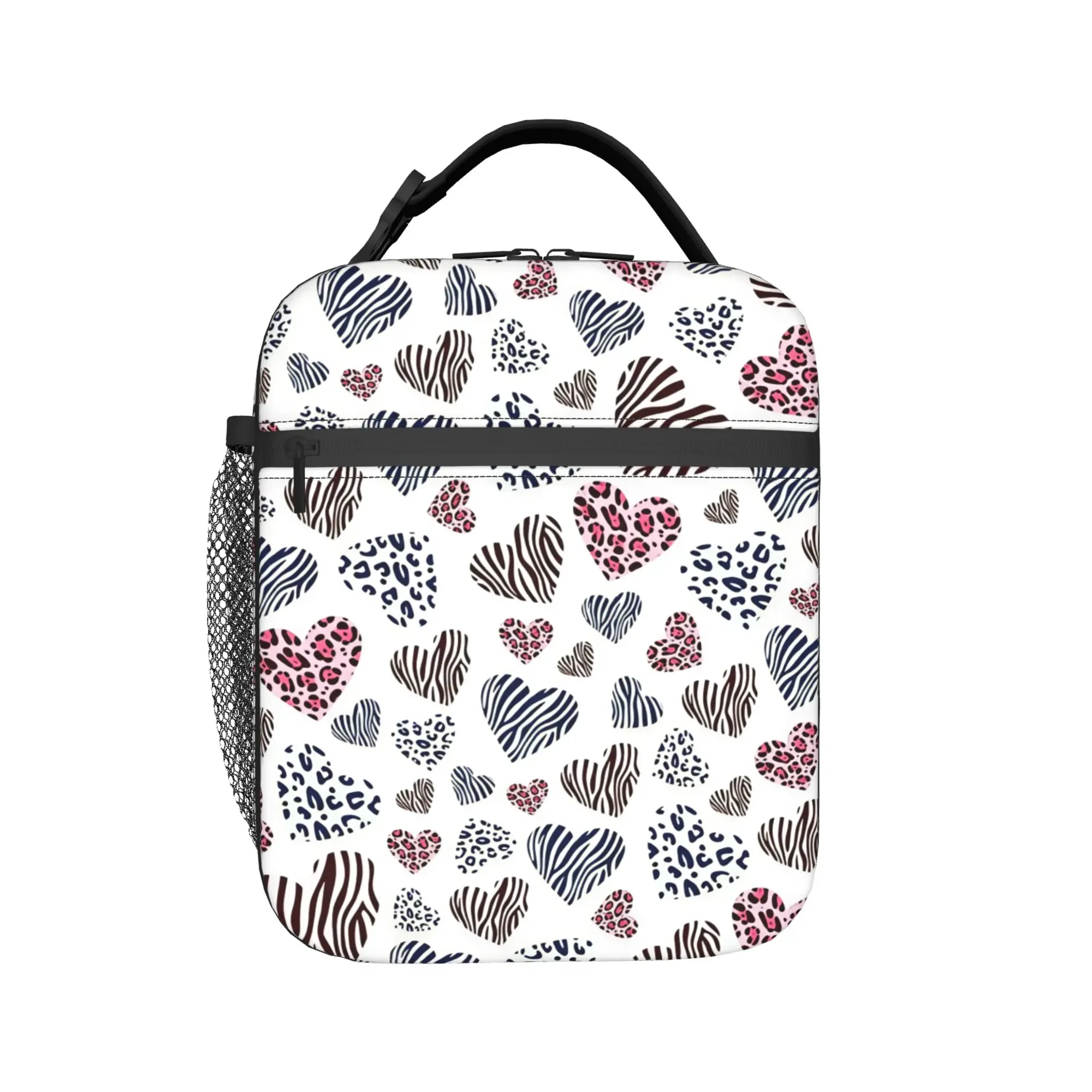 Leopard Zebra Mixed Heart Pattern Y2K Romantic Animal Style Lunch Bag For Child Office Lunch Box Oxford Thermal Tote Handbags