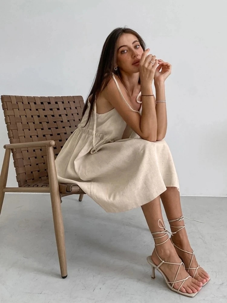 

Loose Fit Dress For Women Clothing Spaghetti Strap One Piece Robe Femme Sleeveless Vestido Feminino Cotton Linen Lady Outfit