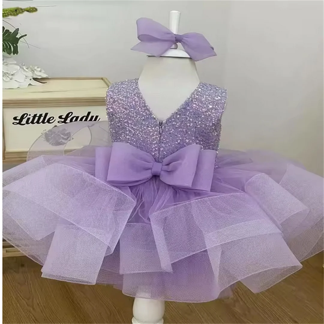 Lilac พัฟดอกไม้สาวชุดเจ้าหญิงงานแต่งงานชุดประดับด้วยเลื่อม Organza ลูกเรือคอเด็กวันเกิด