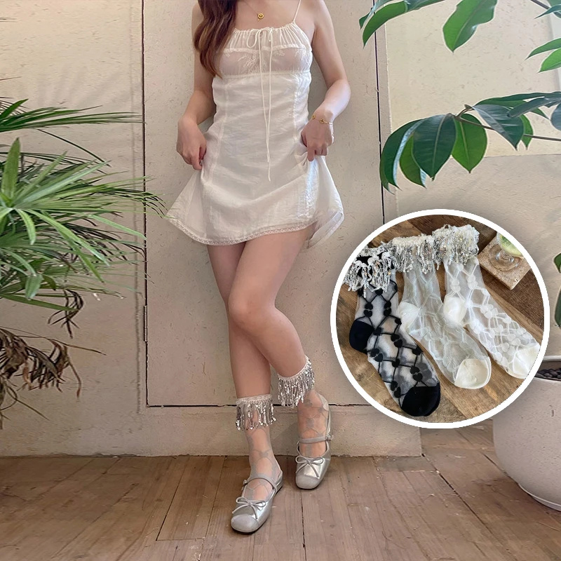 

Subtle Spicy Girl Sweet Pure Desire Style Calf Sock Summer Thin Design Sense Tassel Sequin Lace Mid Tube Sock Glass Crystal Sock