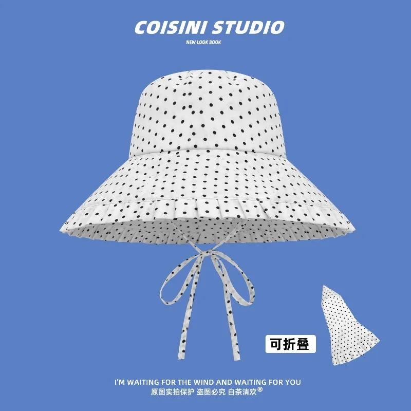 

Korean Ins Retro Polka-dot Sun Hats for Women Spring and Summer Travel Sunscreen Versatile Show Face Small Strap Bucket Hat