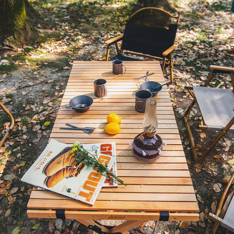 Outdoor folding table camping egg roll table heightening portable table and chairs picnic equipment supplies solid wood camping