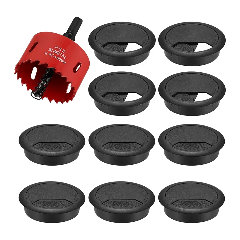 20-Pack Cable Grommet Desk, Cable Pass-Through, 60Mm Plastic Cable Cover With 1 X Hole Saw, Black Cable Outlet Round, Durable