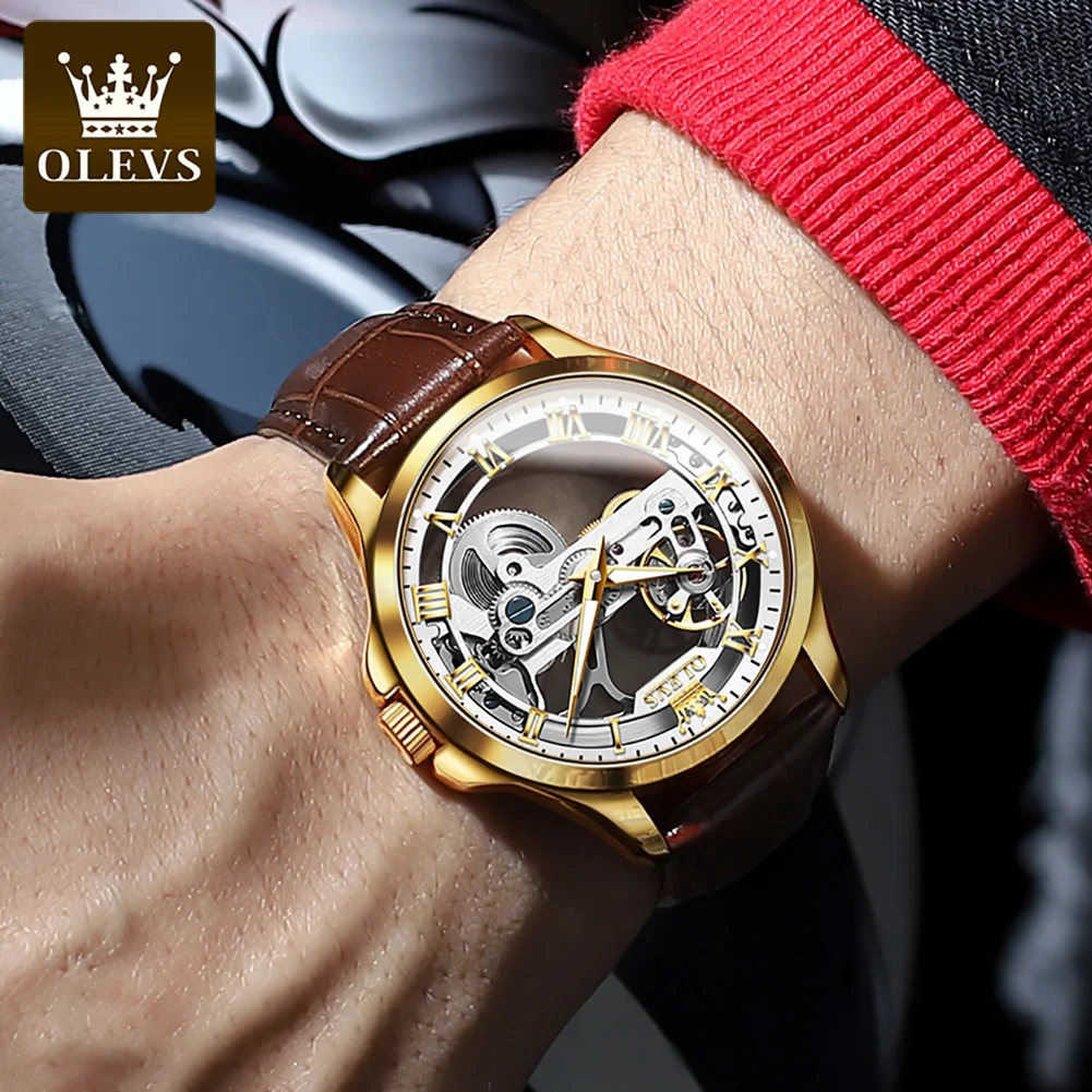 OLEVS-Reloj de pulsera para hombre, cronógrafo mecánico automático con esqueleto, correa de cuero luminosa, resistente al agua, a la moda