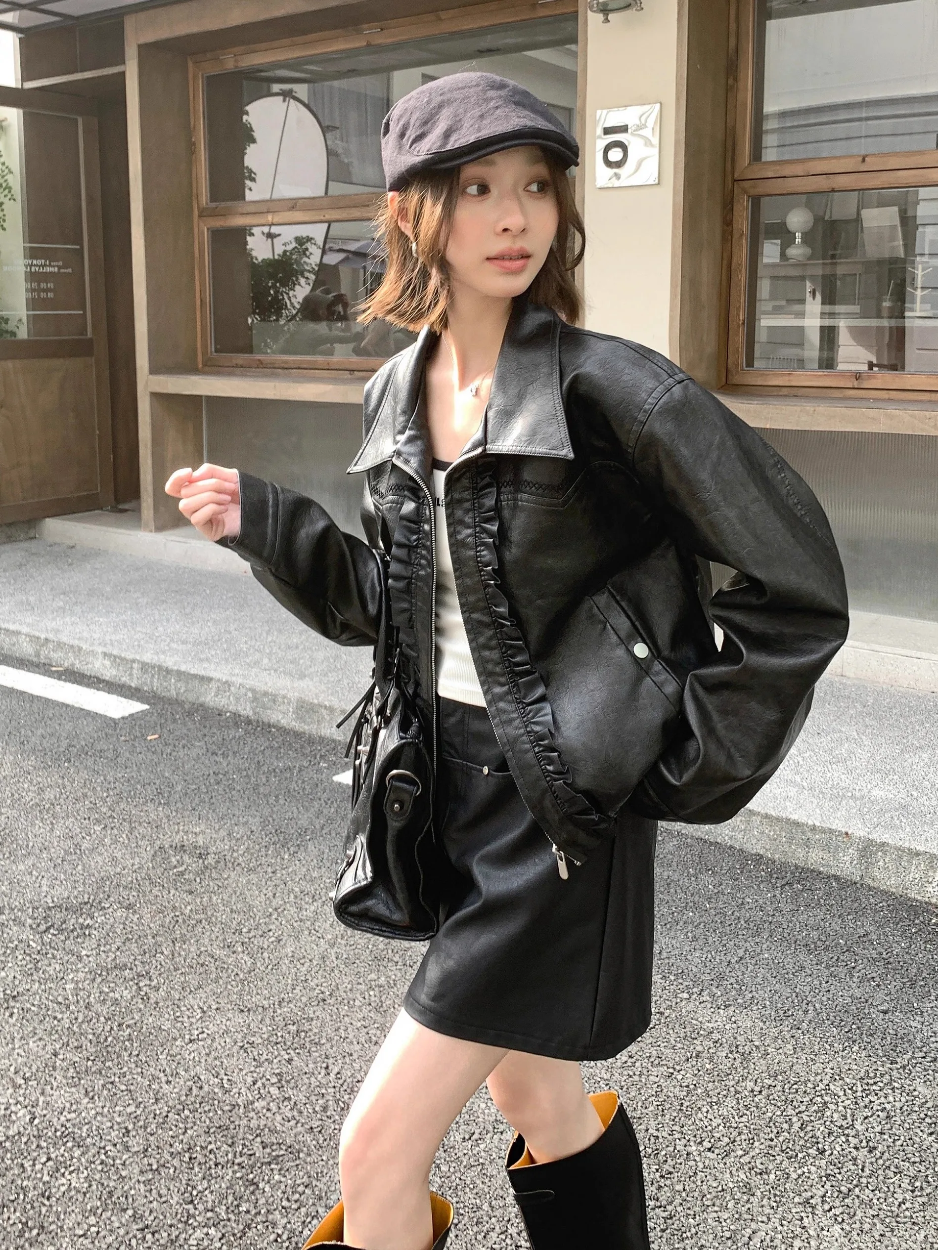 Bla Retro-Lederjacke für Damen, Herbst, vielseitig, locker, lässig, schlankmachend, kurze PU-Lederjacke, AUNP Commute Sle Long Sle...