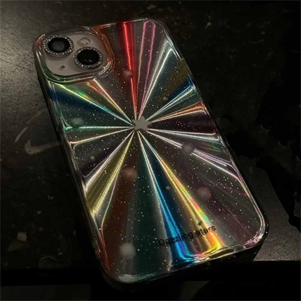 Luxury Laser Radiant Firework Rainbow Color Phone Case For iPhone16 15 14 13 12 11ProMax Glitter Star Lens Protection Soft Cover