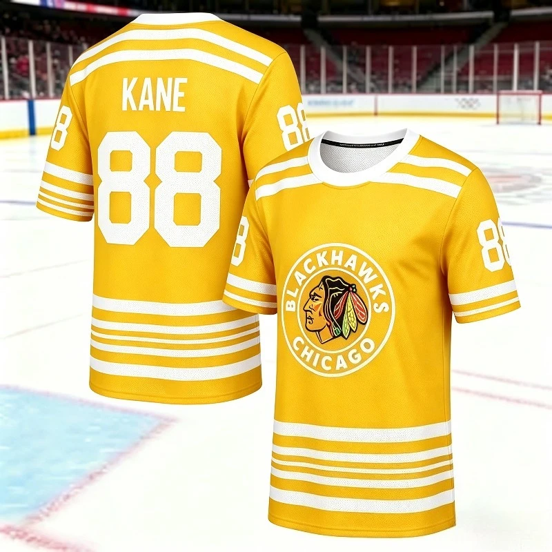 Kane #88 Chicago Blackhawks Ice Hockey Short Sleeve T Shirt Black Breathable Mesh Fan Sport Tee For Men Game Jersey Top