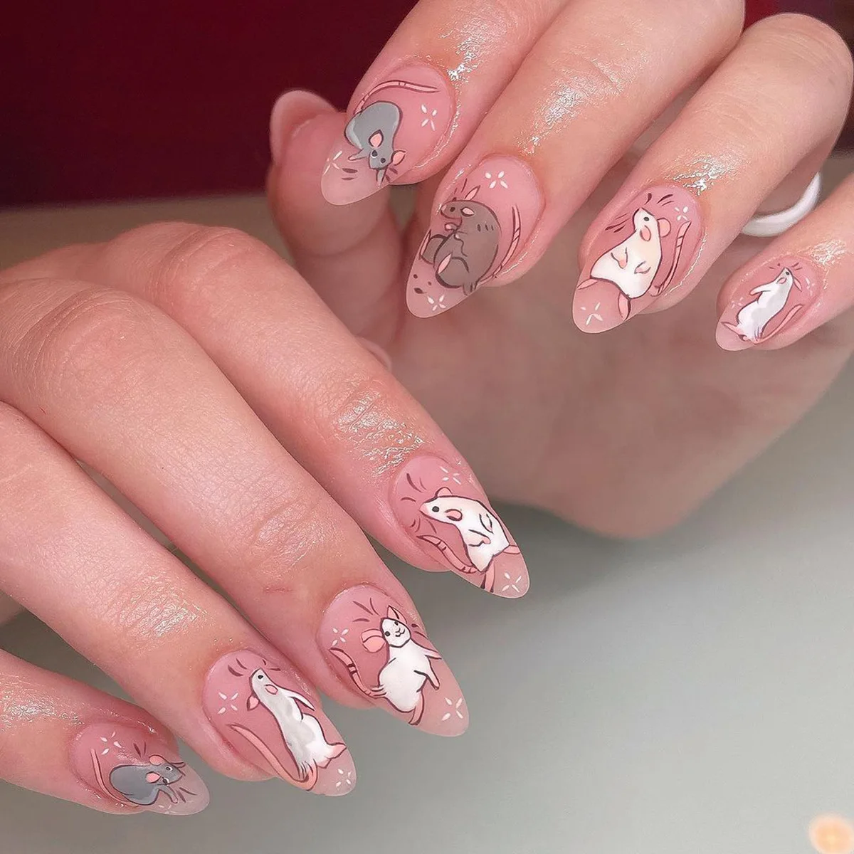 

24PCS Cute Almond False Nail Mid-length Cartoon Little mouse Pattern Set Press on For girl Light Pink Full Cover Fake Nails Tips