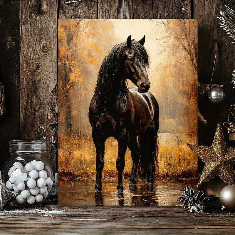 1pc frameless Canvas Painting Modern Black Horse Canvas Art Print - Frameless, Textured Fabric Wall Decor for Living Room, Bedro