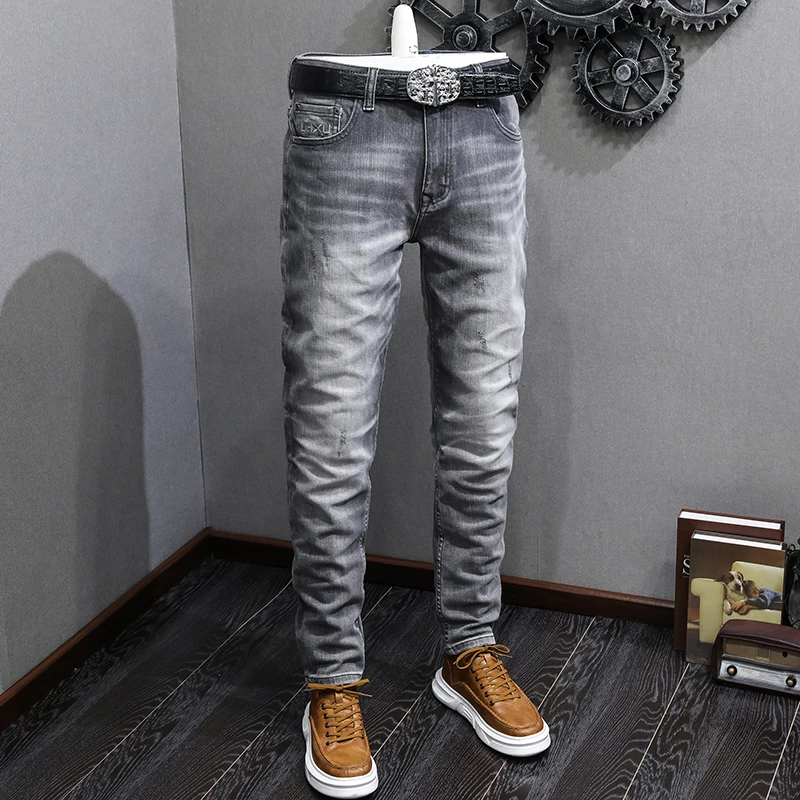 Italian Designer Fashion Men Jeans High Quality Retro Gray Elastic Slim Fit Ripped Jeans Men Vintage Casual Denim Pants Hombre