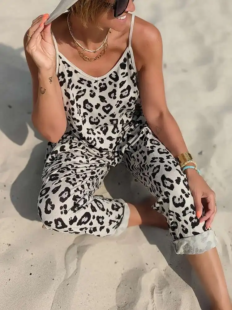 Nuevos monos con estampado de leopardo y bolsillo, monos de moda sin mangas de verano para mujer, monos elegantes de retazos con cuello en V 2025 para mujer