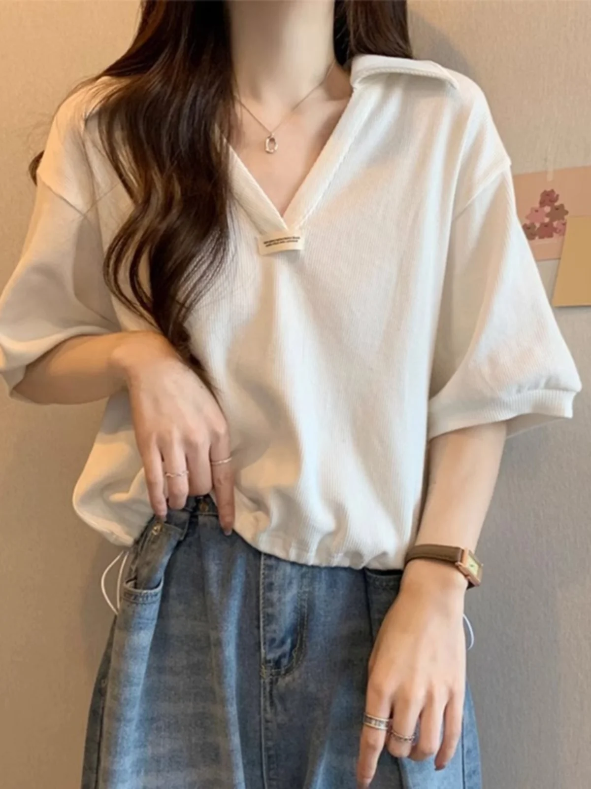 

Летний новый свободный топ больших размеров с V-образным вырезом, скрывающий живот, для женщин