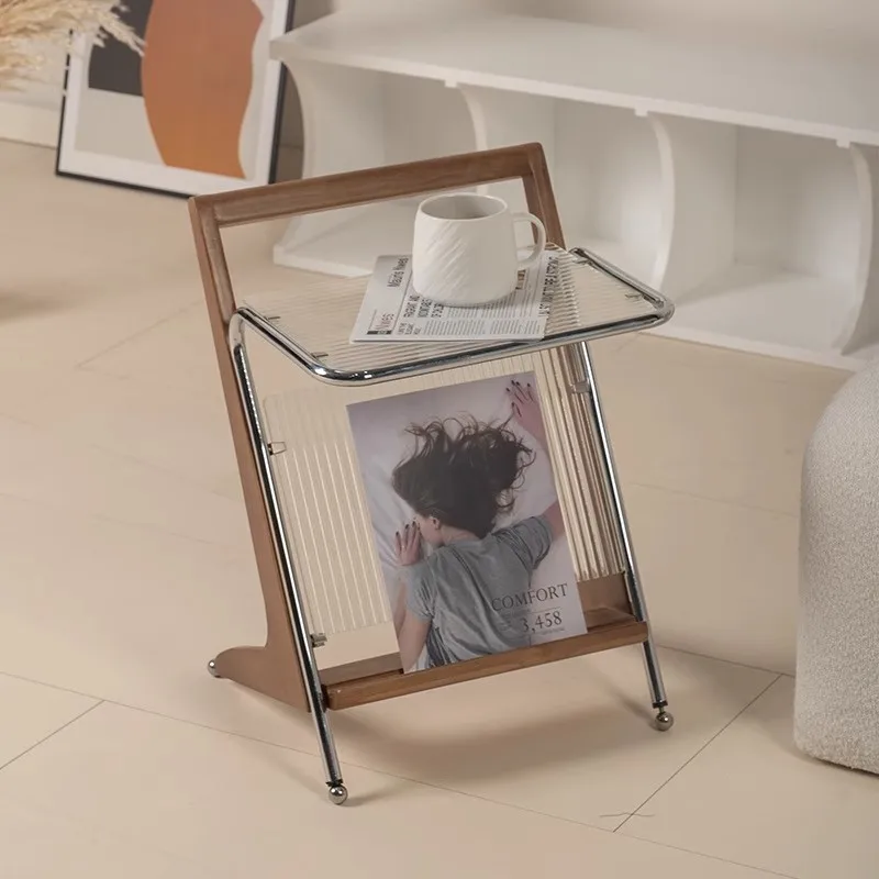 Modern Household Use Solid Wood Side Table Tea Table Storage Rack Bedroom Bedside Creativity Tempered Glass Placing Items Frame