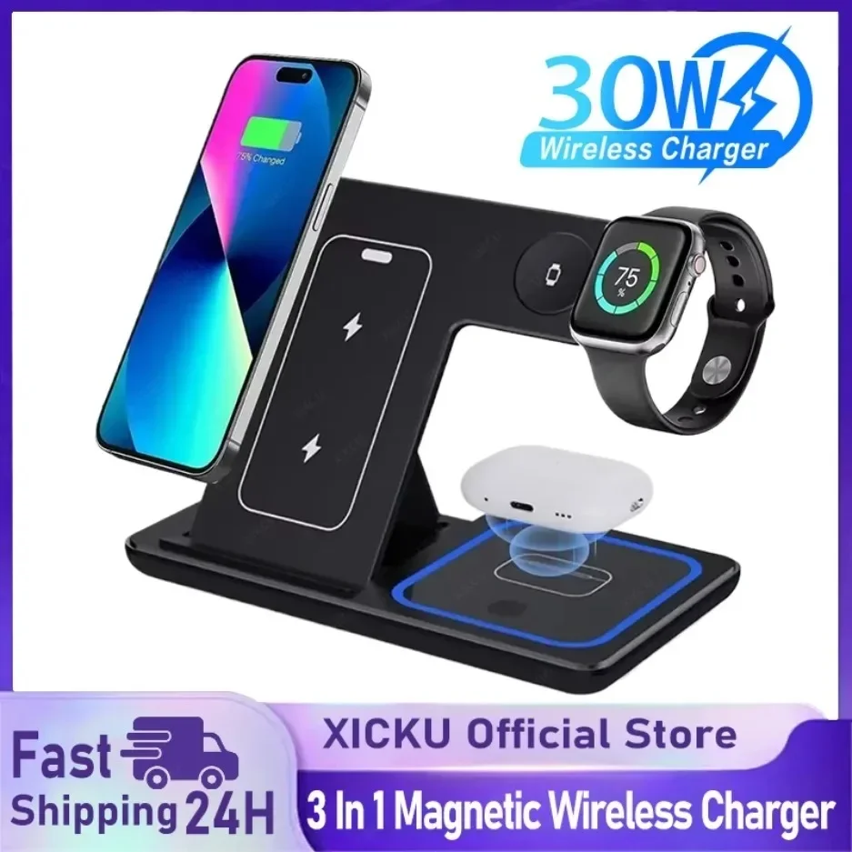 حامل شاحن لاسلكي سريع LED 3 في 1 محطة شحن قابلة للطي لهاتف iPhone 16 15 14 13 12 Apple Watch 9 8 7 6 5 Airpods Pro