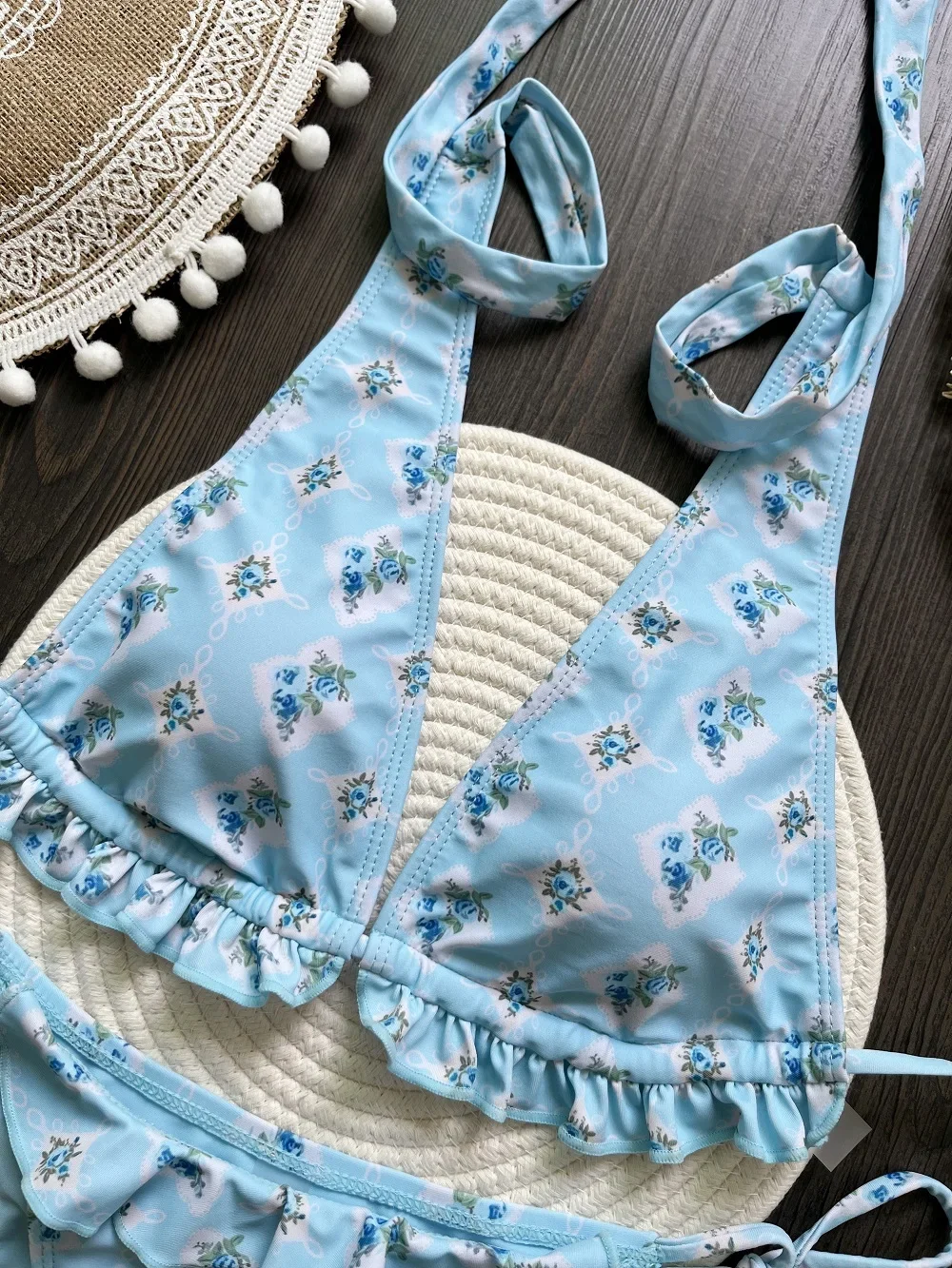 RUOTONSEPT セクシーな蓮の葉エッジプリントビキニセット女性水着ツーピース三角 Tバック水着水着ブラジル Biquini