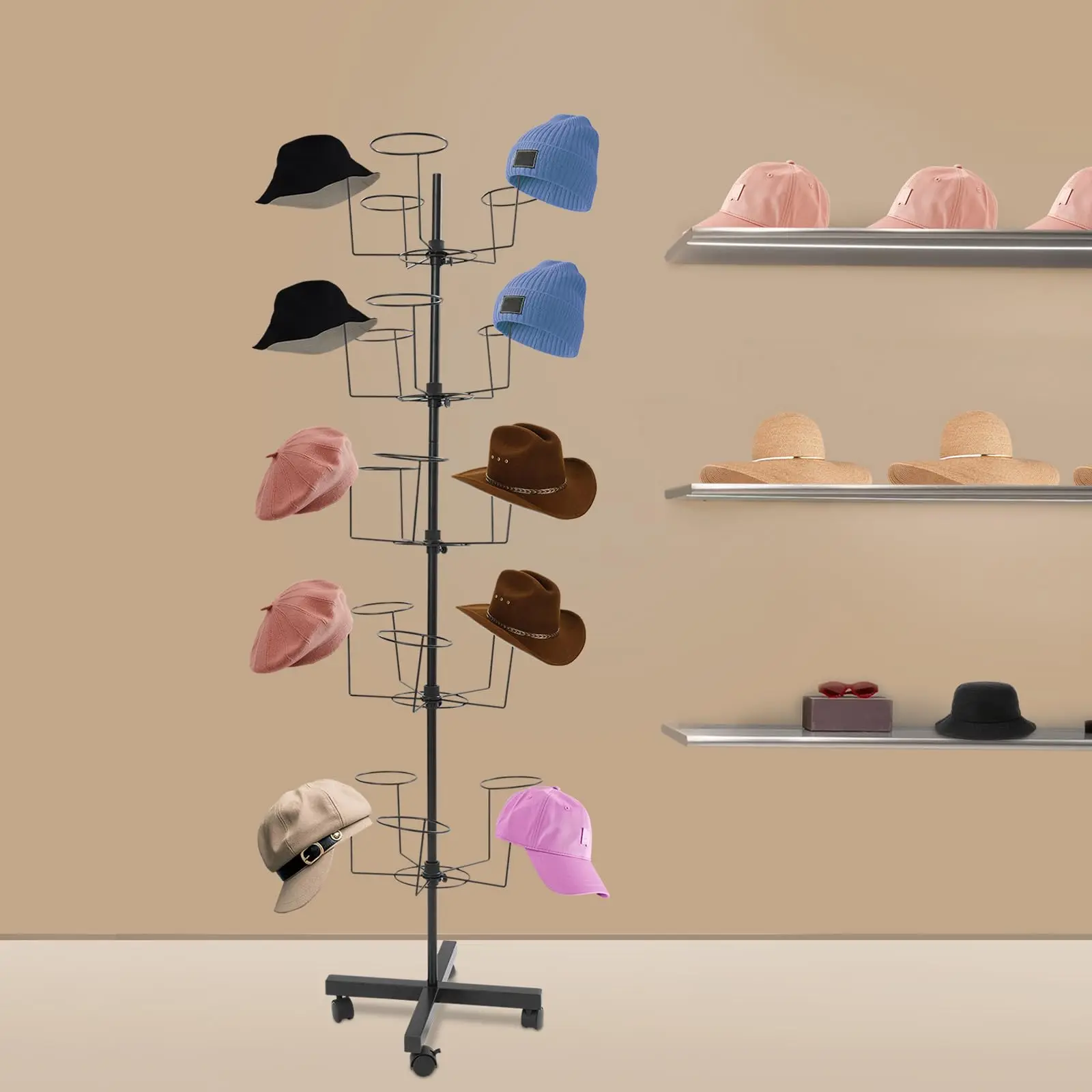 Clothes Rack, Hat Display Rack Stand, Hat Display Holder Stand with 25 Hooks Hat, 5 Tiers Hat Holder Storage Organizer, Floorstan