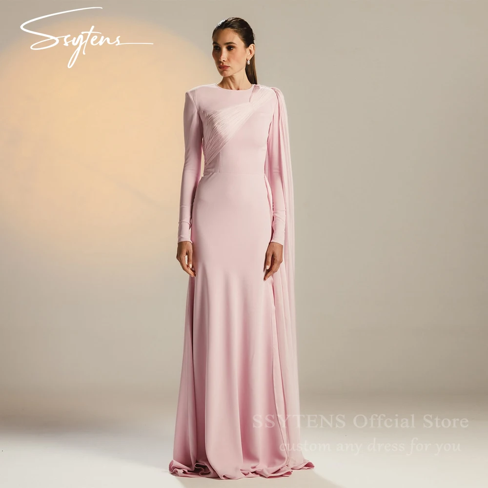 

SSYTENS Modest Long Pink Evening Dresses Pleats Vestidos De Gala Cape Full Sleeves Train Vestidos De Fiesta Elegantes Customized