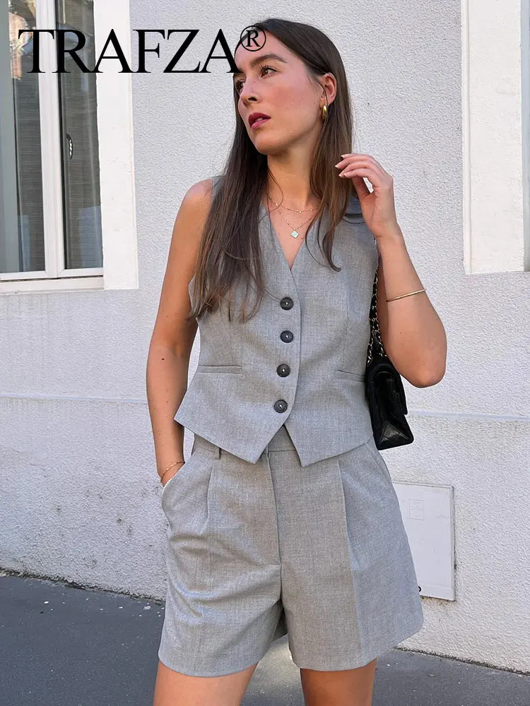 TRAFZA Women Vest Pant Suit Vintage Solid V-neck Single Breasted Sleeveless Vests Top + Shorts Summer Woman Streetwear Grey Sets