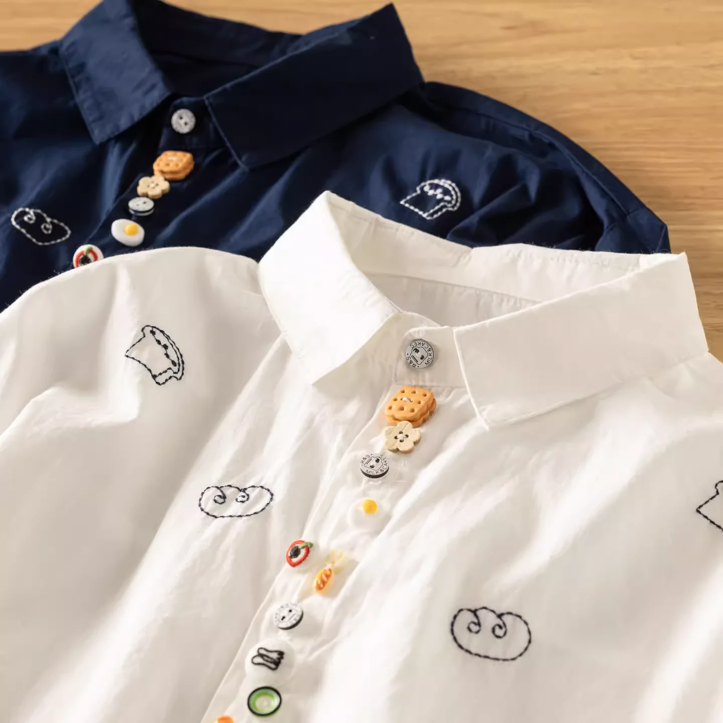 Harajuku fashion white navy blue cartoon biscuits buttons embroider shirts long sleeve blouses for women autumn cute clothes
