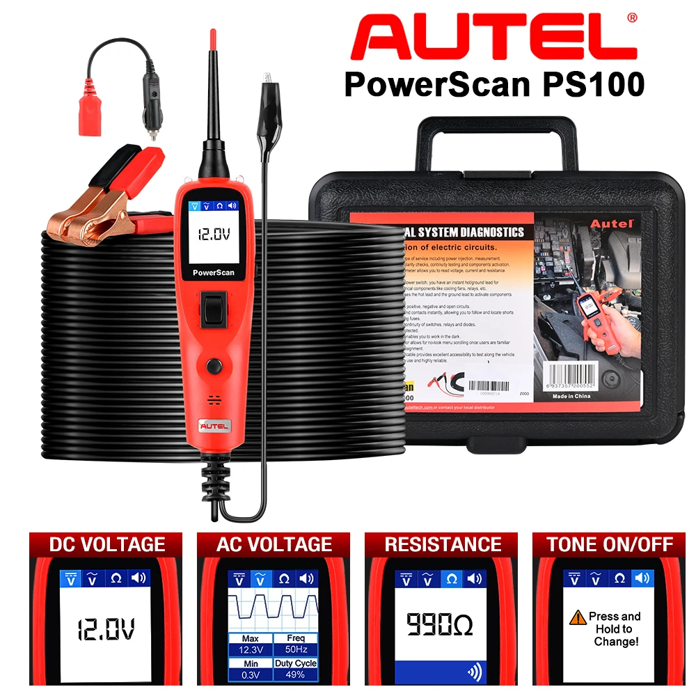 

Autel PowerScan PS100 Car Electrical Circuit Tester Four Work Mode 12V/24V Automotive System Diagnostic AVOmeter Test Tool PS100