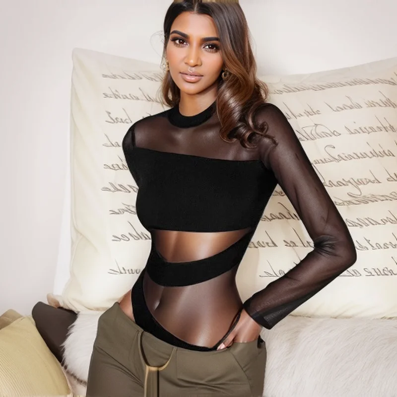 Spring Summer New Fashion Cut Cross Hollow Mesh Jumpsuit Long-Sleeved Thin O Neck Diagonal Black Charming Bodysuit Clubwear - Image 5