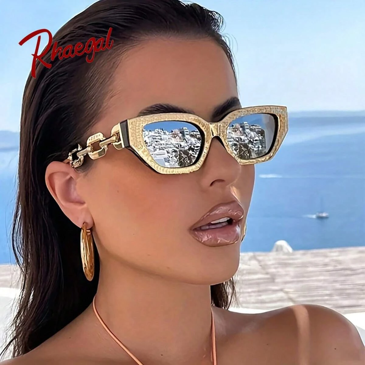 Rhaegal Hot Selling Gold Color Chains Cat Eye Fashion Sunglasses for Women New Original Designal Sun Glasses Eyewear for Beach