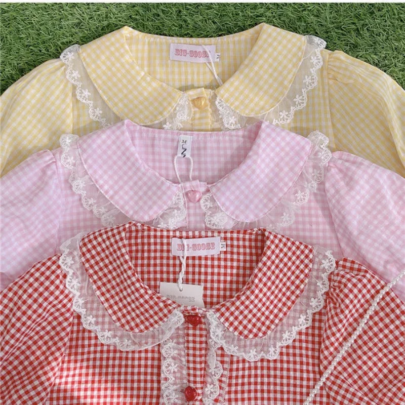 Camisas a cuadros para mujer, cuello Peter Pan Kawaii, informal, suave, de verano, estilo coreano, holgado, diario, combina con todo, temperamento de moda