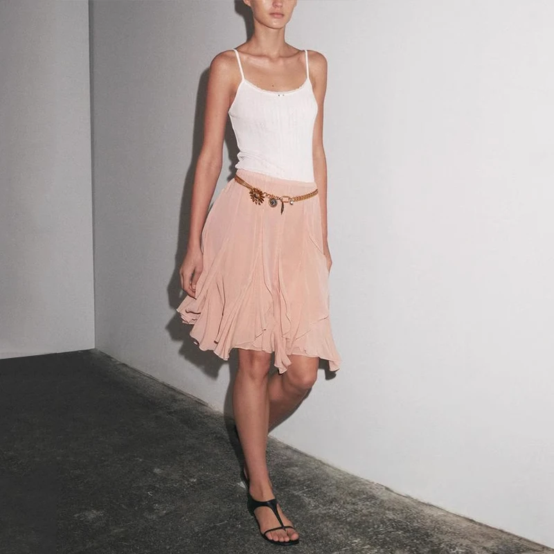 High Waist Short Skirt 2025 Spring New Street Style Decorative Hem Layered Design Polyester Fiber ZADATA Women's Fashion