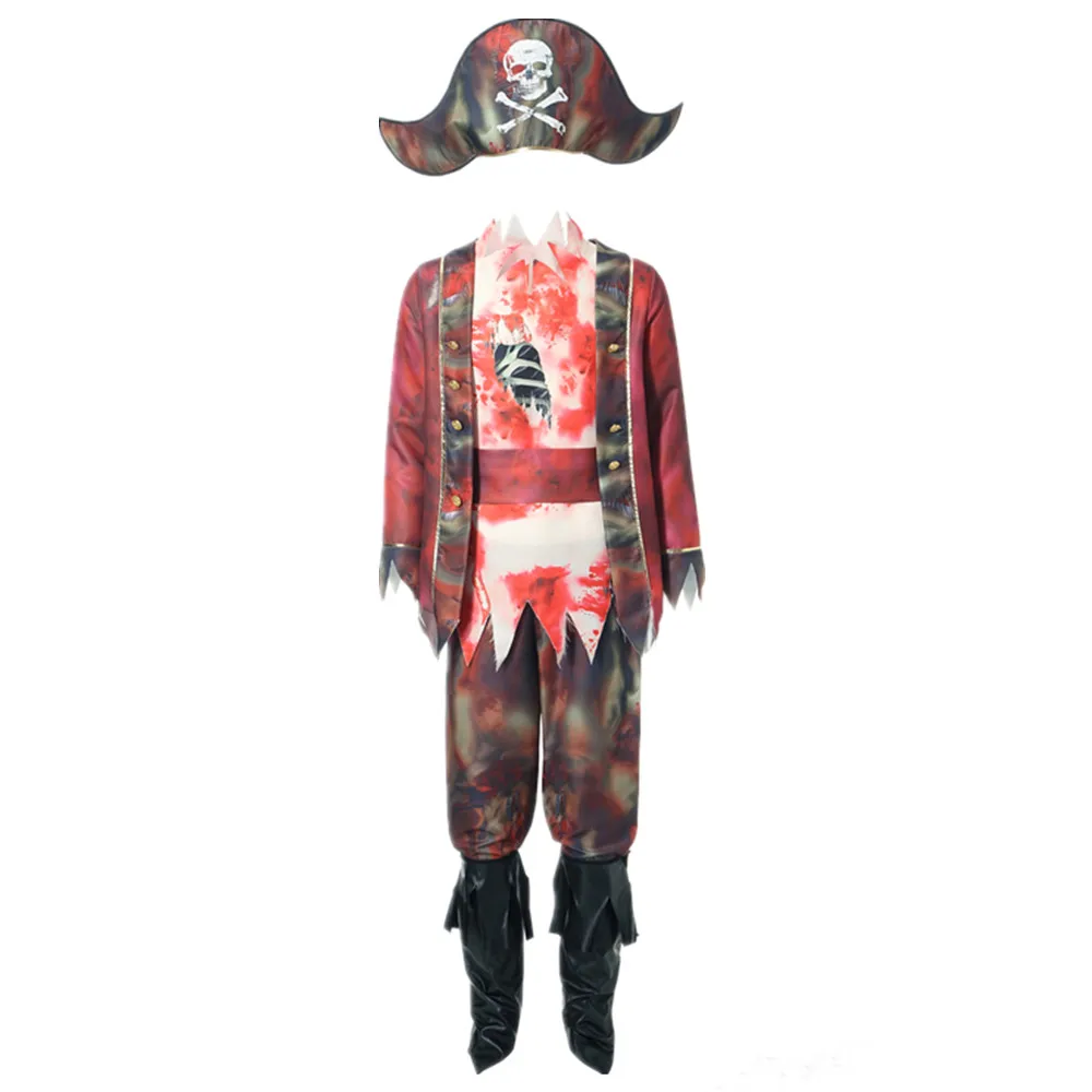 M-XXL Adult Terror Bloody Zombie Men's Pirate Costume Halloween Party Masquerade Cosplay Ghost Skull Captain Clothing Suit