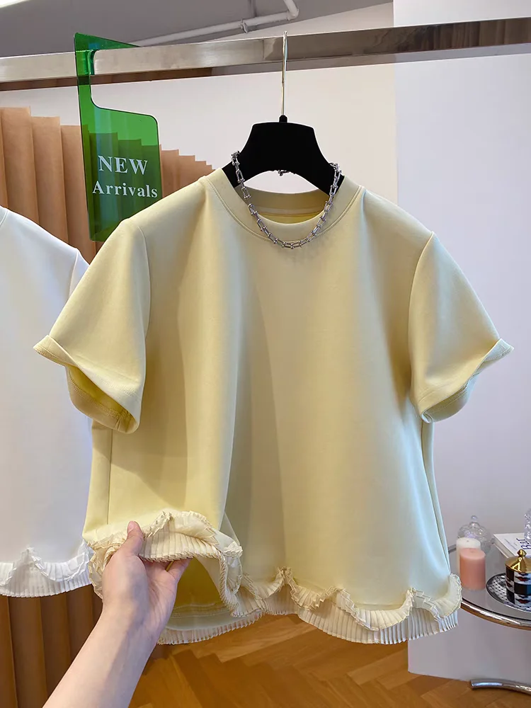 

SuperAen Korean Mesh Splicing T-shirt Women's Short Sleeve 2025 New Loose Casual Chic Cotton T-shirt Top Summer