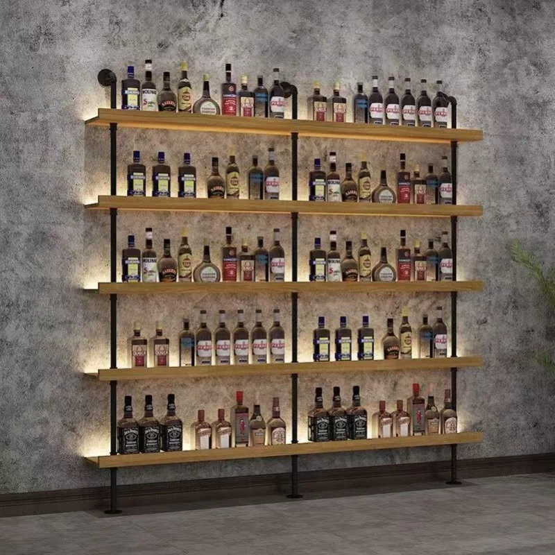 Custom Bar Wine Floor Rack Restaurant BBQ Shop Bar Counter Wall Shelf Iron Art Luminous Multi-layer Rack