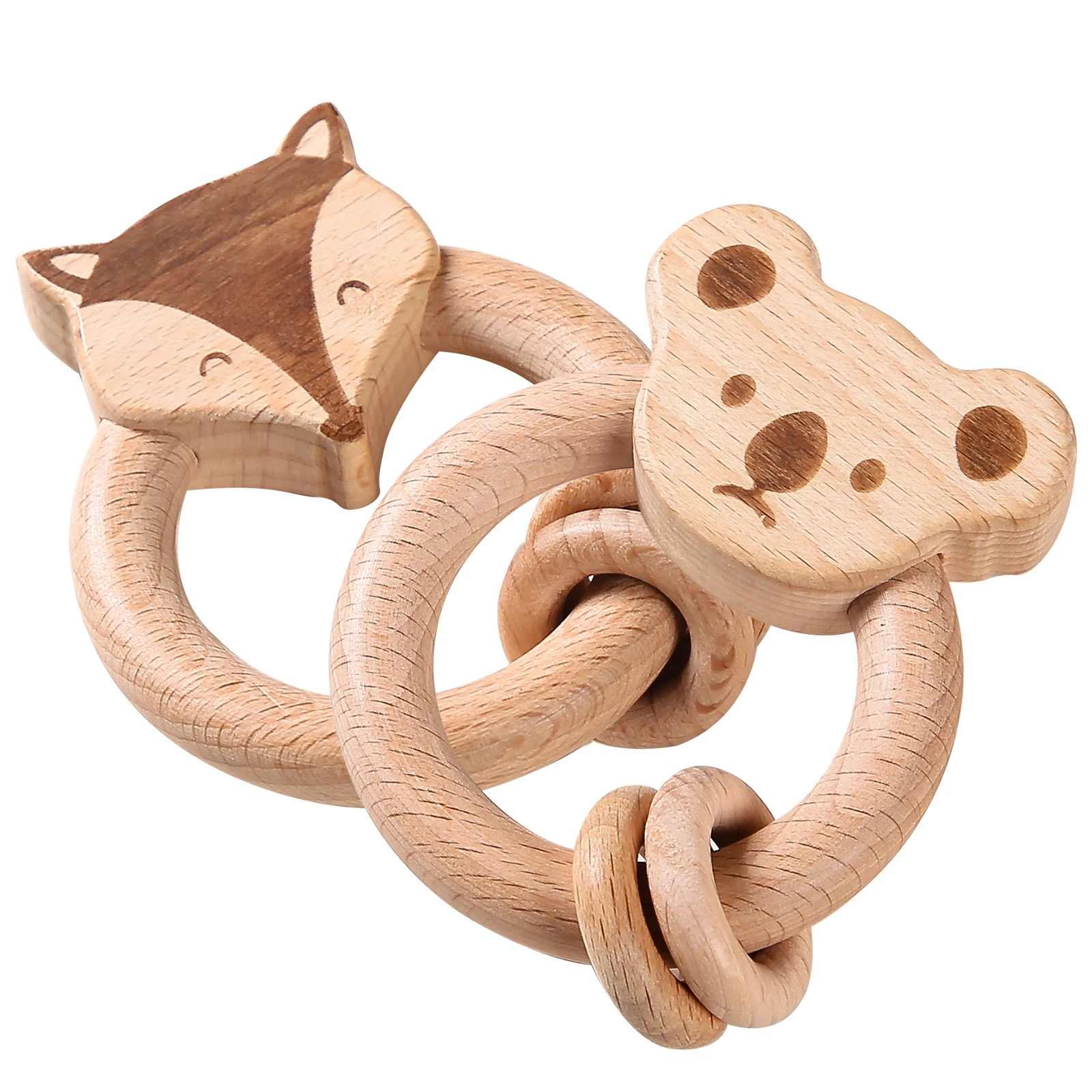 

Baby Teether Wooden Animal Bear Fox Bracelet Beech Wooden Rings Rodent Music Rattle Toys For Newborn Nurse Accessories Baby Item