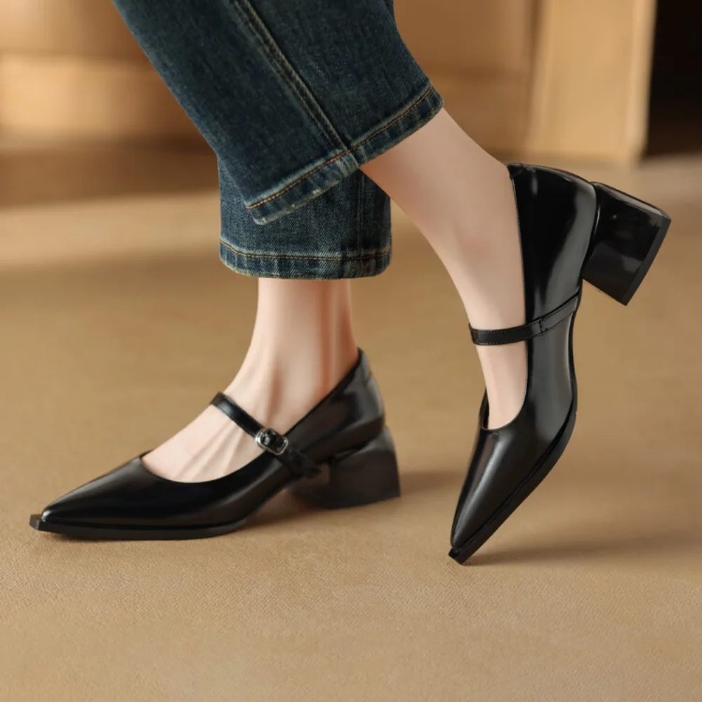 Spring 2024 New Women's Mary Janes Shoes High Quality Leather Low Heel Dress Shoes Pointed Toe Shallow Buckle Strap Women's Shoe