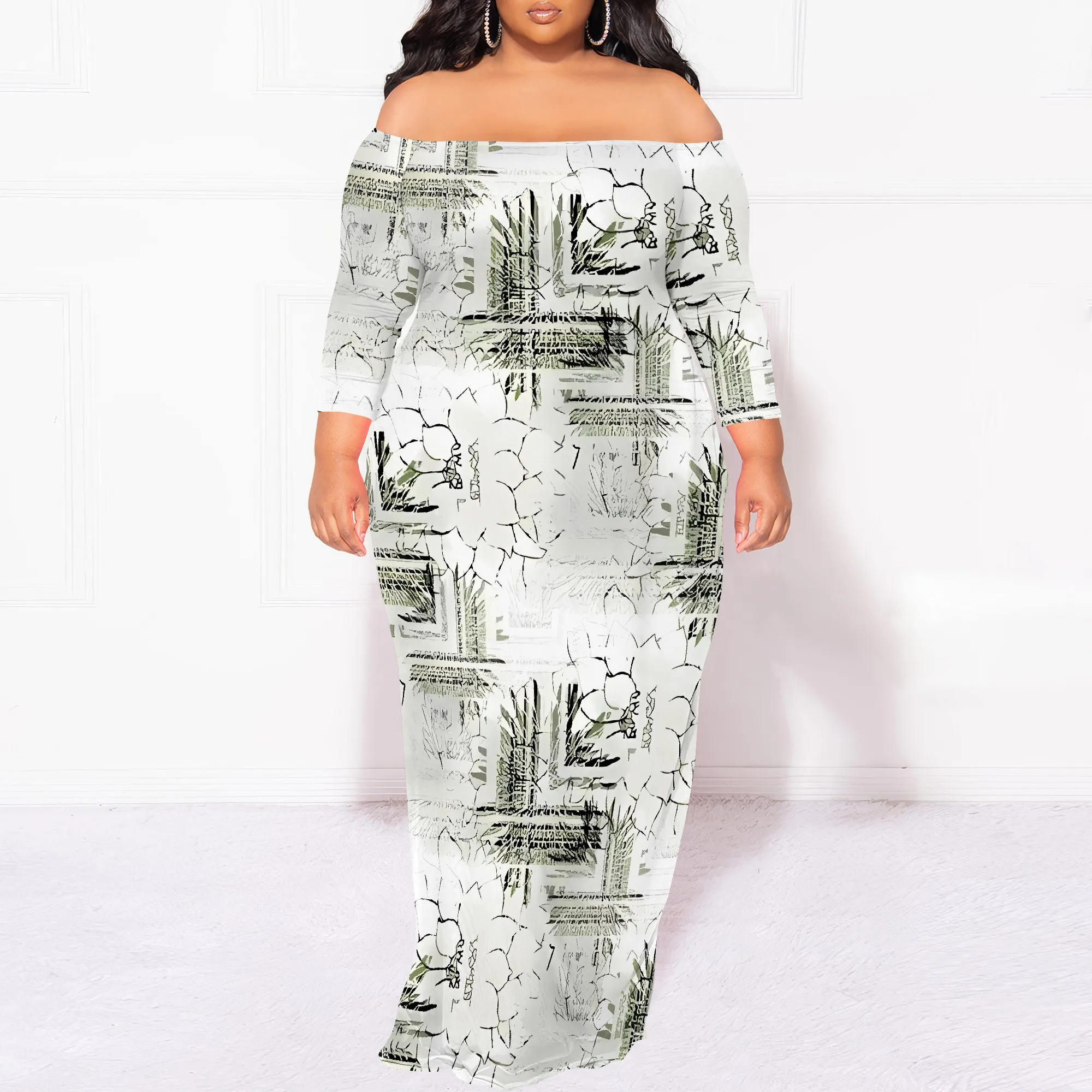 

EQQZD 3/4 Sleeve Collarless Maxi Dress, Plus Size Dresses for Women, Colorful Patchwork Print Dress with Pockets