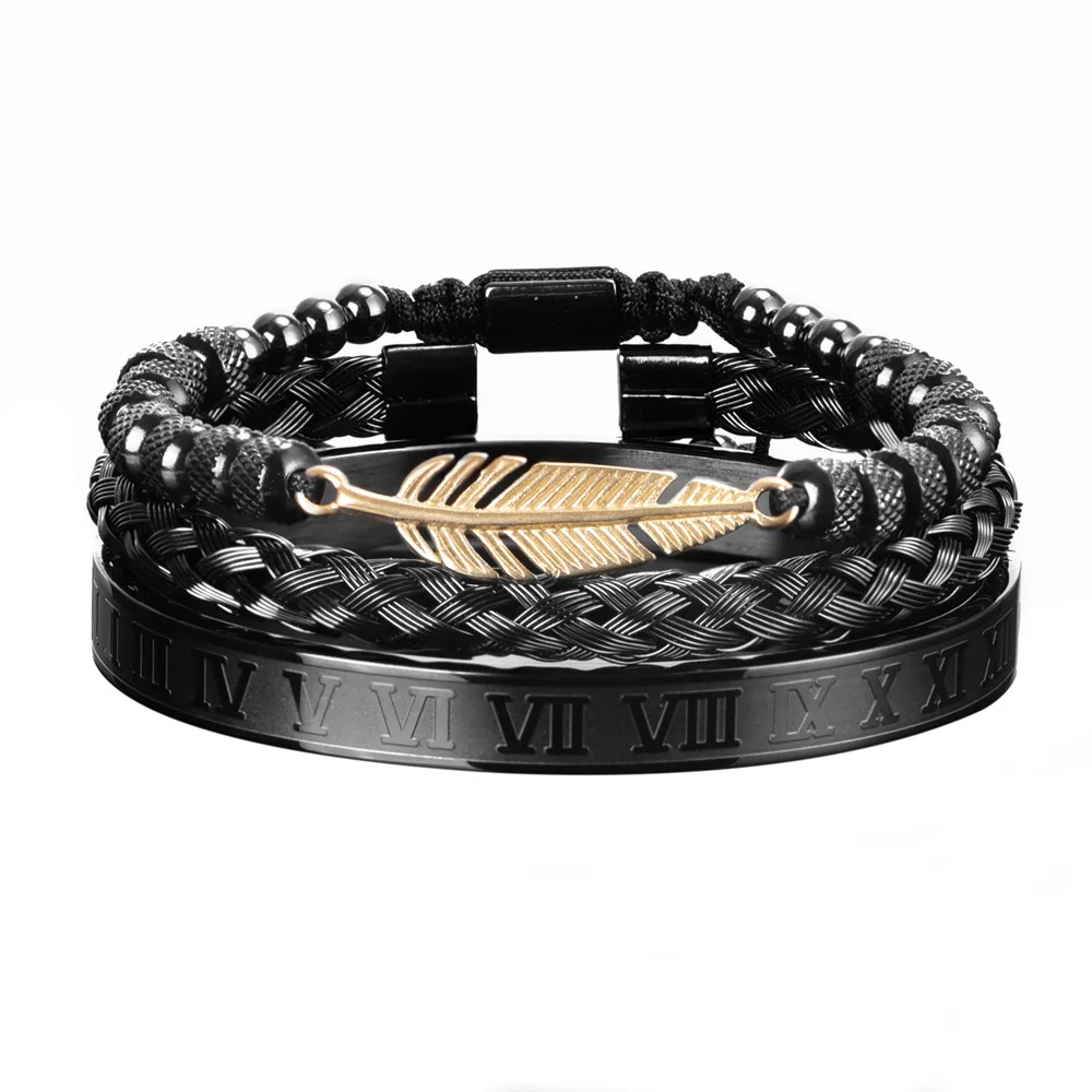 

3pcs/Set Charm Men Bracelet Stainless Steel Handmade Rope Bangles Eagle Bracelets Fashion Trend Feather Shape