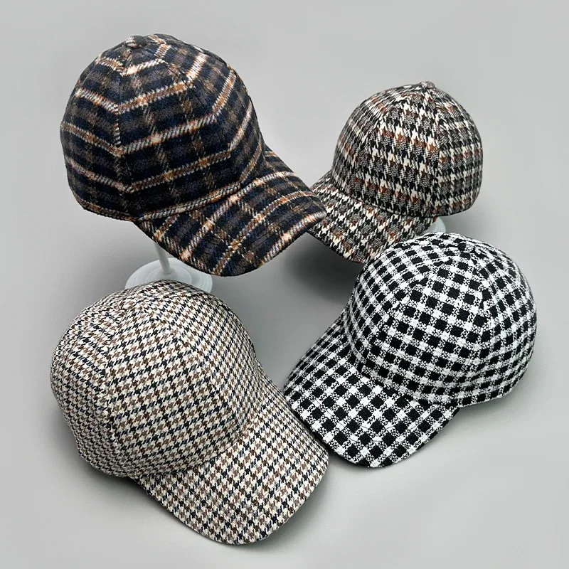 Casquettes de baseball en laine grillagée pour hommes et femmes, carreaux polyvalents, style britannique, chaud, rétro, niche, automne, hiver,