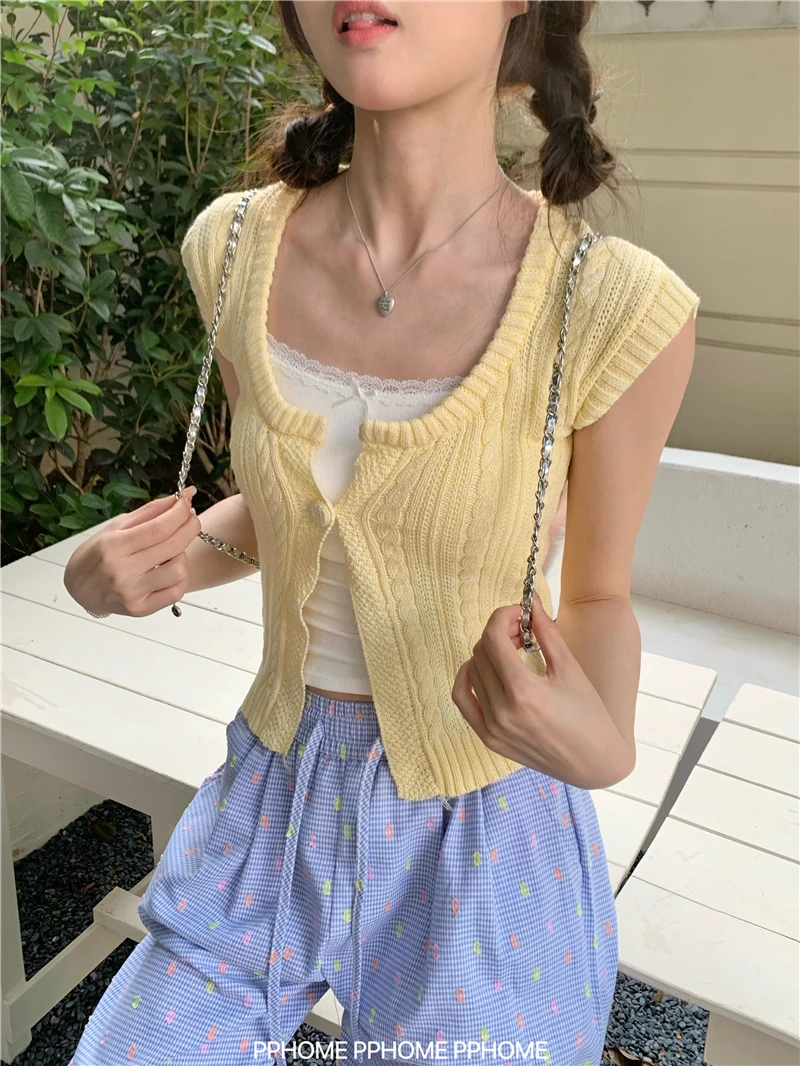 One Button Design Square Neck Short Sleeve Knit Shirt Female Summer Slim Sweet Solid Color Short Knitted Cardigan Women Tops