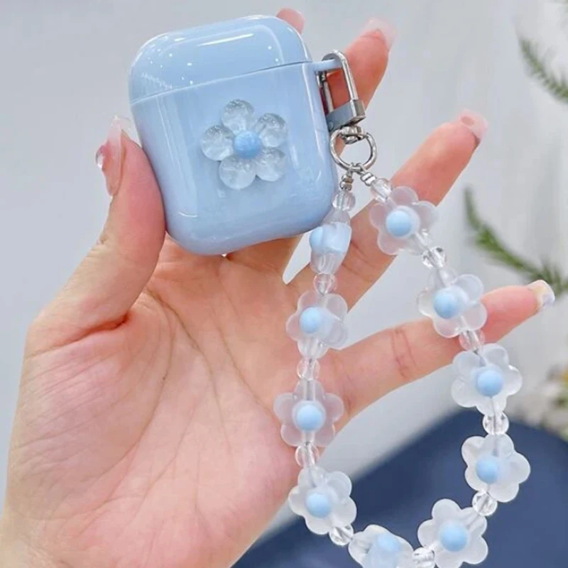 3D Blue Crystal Flower Bracelet Pendant Earphone Case For Airpods Pro 1 2 3 Cover Clear Protection For Air Pods Pro2 Fundas