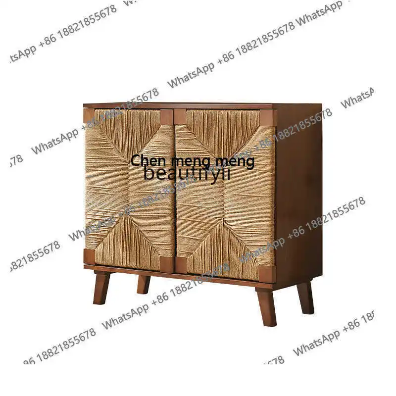 원목 라탄 다이닝 사이드 캐비닛 일본식 심플 수납장 거실 현관 선반 가정용 차 캐비닛 H