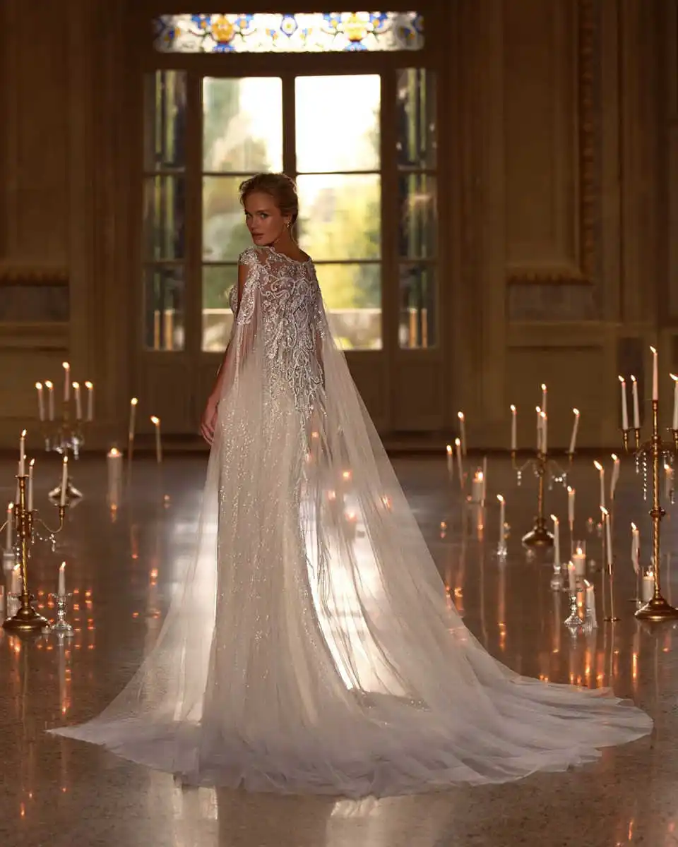 빈티지 스팽글 인어 웨딩 드레스 민소매 레이스 신부 드레스 케이프 스윕 트레인으로 맞춤형 vestidos de novia