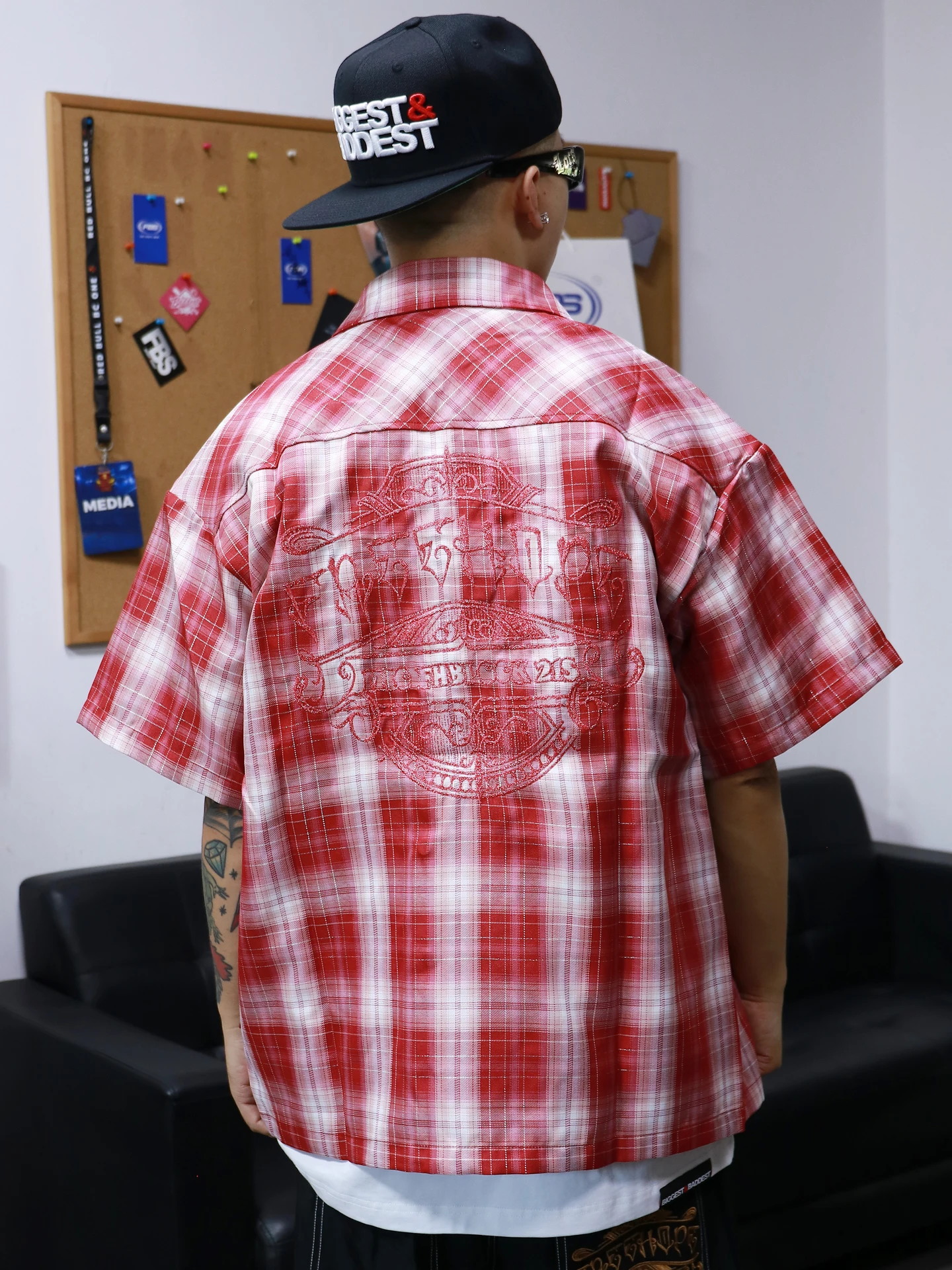 Retro American Hip Hop Street Bboy Dance Gold Thread Gradient Plaid Loose Workwear Short Sleeve Shirt Street Style Polyester ...