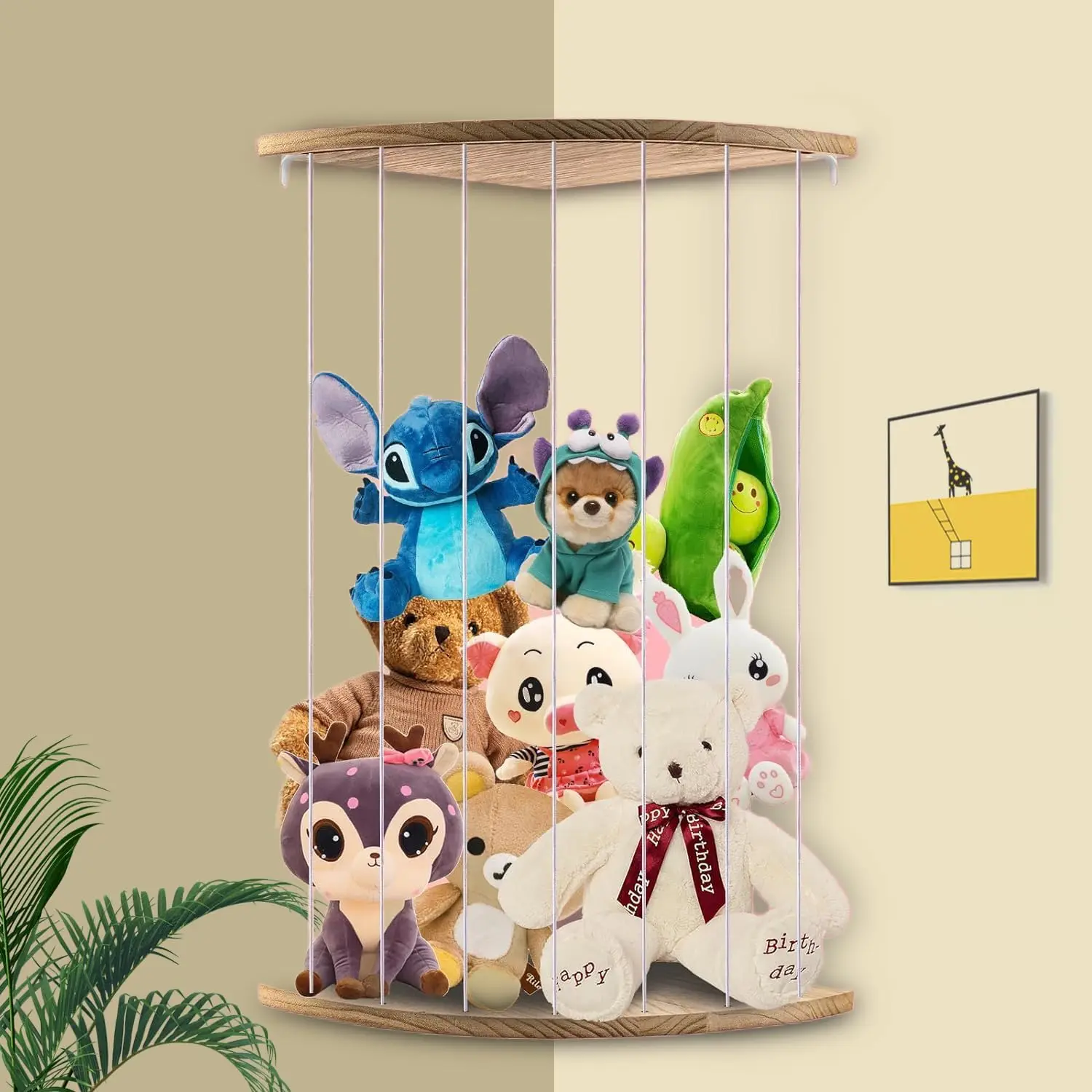 Immagine 5: Organizzatore per peluche, scaffale angolare in legno, contenitore per mascotte, cesto portaoggetti per giocattoli e libri per la cameretta dei bambini
