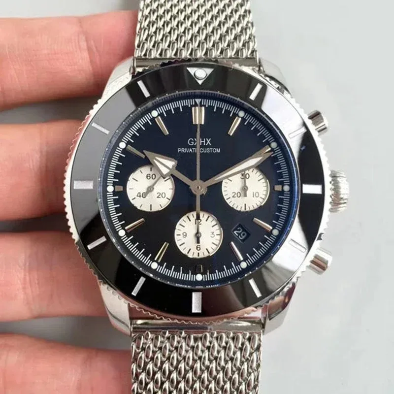 2024 Luxury New Men Superocean Chronograph Quartz Watch Stainless Steel Ceramic Bezel Black Blue MensAttracting the opposite sex