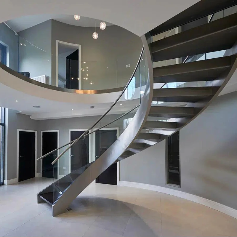 عوارض من الفولاذ المقاوم للصدأ درابزين زجاجي مفتوح الناهض سلالم مستديرة منحنية سلم عائم