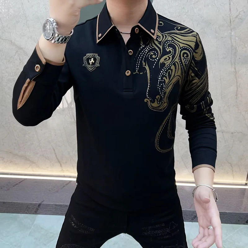 

Осенняя модная европейская версия, мужская одежда, толстовка с отложным воротником и стразами, клубная одежда, футболка Homme